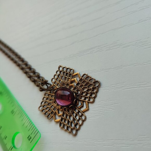 Purple Core Academia Pendant on Chain Antiquated Gold Boho Vintage Violet Charm - Picture 6 of 11